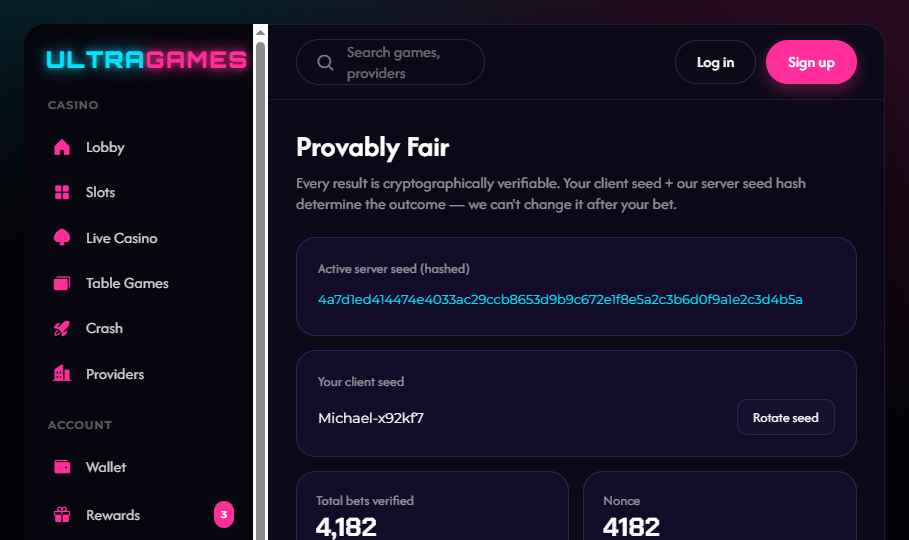 UltraGames desktop v2 provably-fair screenshot