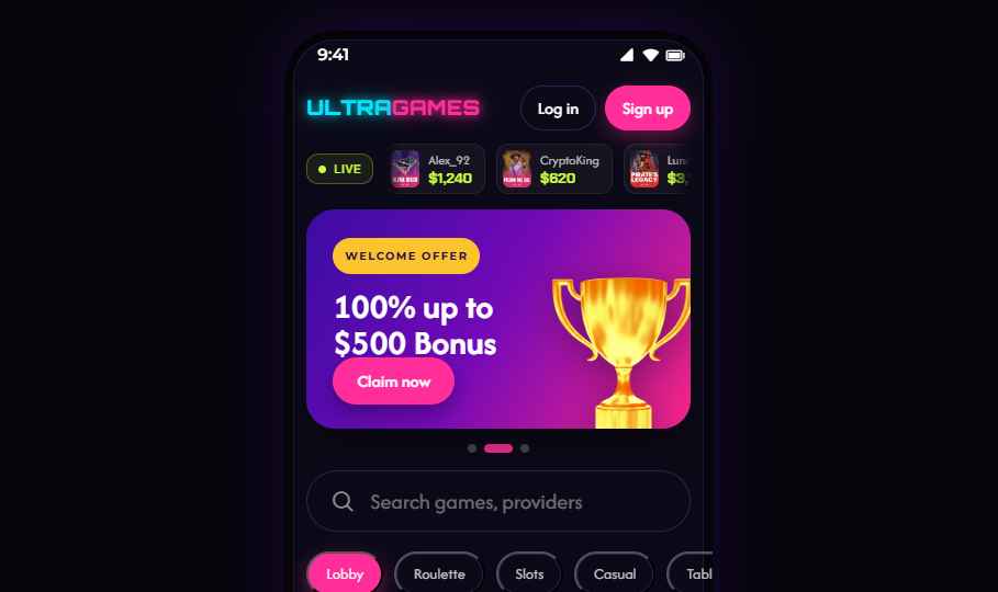 UltraGames mobile lobby screenshot